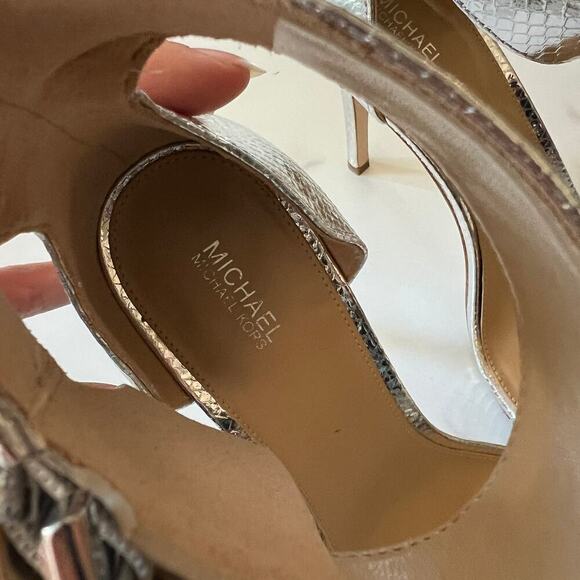 Michael Kors Giselle Silver Metallic Snake Embossed Leather Sandal Size 10 - Picture 13 of 13